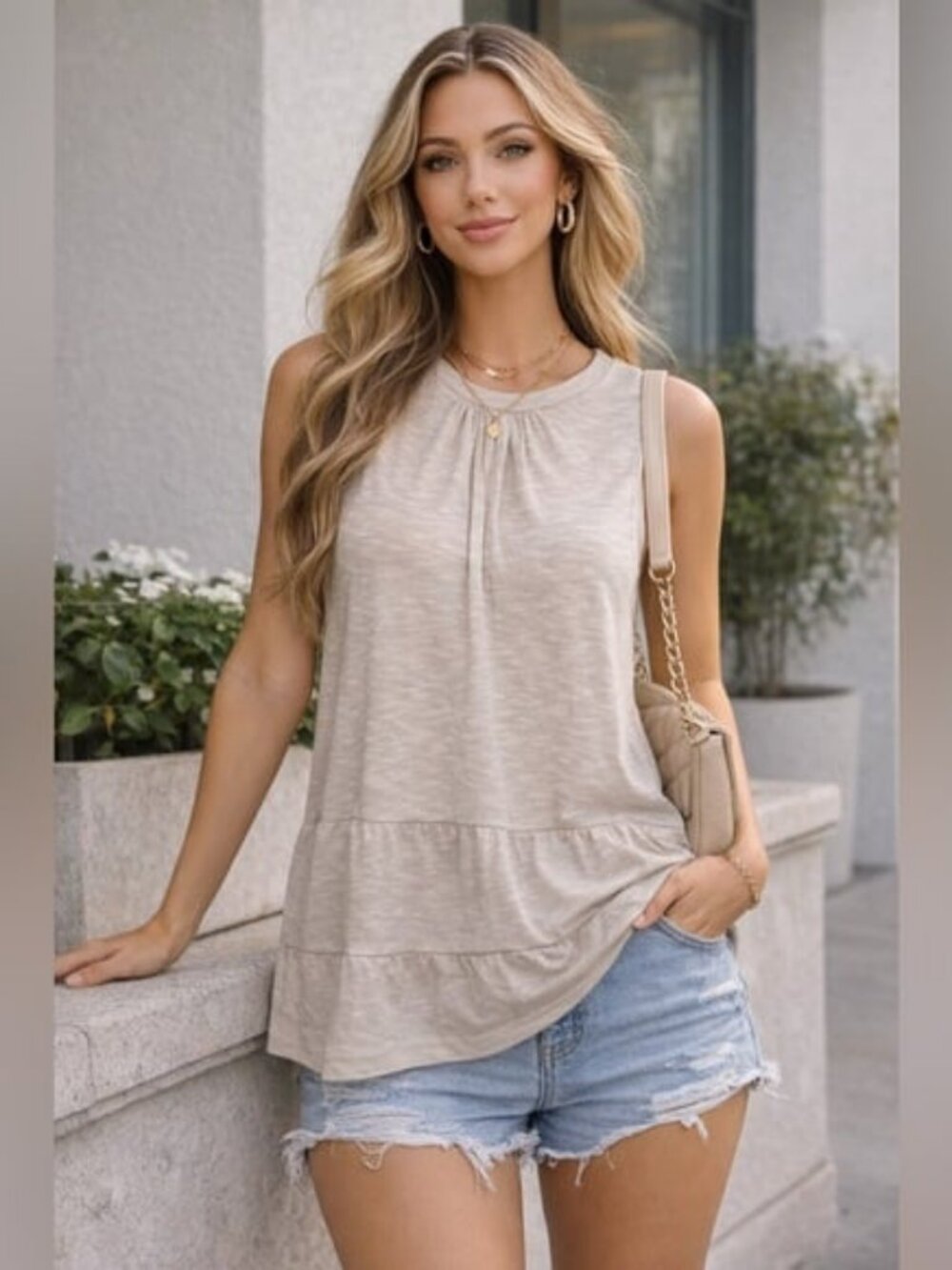 New ELINGS Babydoll Tiered Tunic Tank Top Sand S